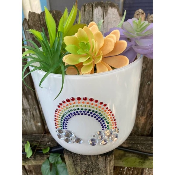 Large White Glass Rhinestone RAINBOW Vase - White Round Bling Planter - Picture 2 of 9